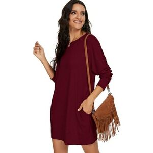 Long Sleeves Causal Loose Round-Neck Tuinc Dress Red